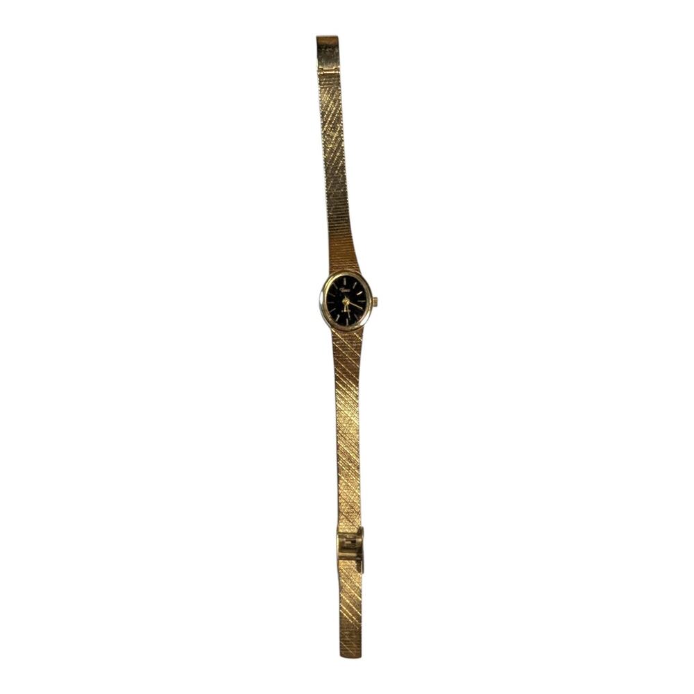 Vtg 1990s Timex Gold Tone Black Oval Face Tight Link Bracelet Watch Not Running